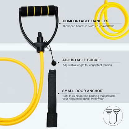 ZHIAMZ Exercise Bands with Handles, Resistance Tube & Door Anchor | Physical Therapy & Rehab, Natural Rubber Tube, Adjustable, D-Handles, Strength, Pilates, Workout - color: Yellow (E-Light)
