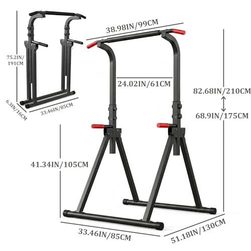 Power Tower, Foldable Dip Station & Pull Up Bar Stand, 6-Level Adjustable Height, 440lbs Heavy-Duty Strength Training Equipment for Home Gym