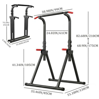 Power Tower, Foldable Dip Station & Pull Up Bar Stand, 6-Level Adjustable Height, 440lbs Heavy-Duty Strength Training Equipment for Home Gym
