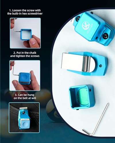 KONLLEN Magnetic Pool Chalk Holder Aluminum Alloy Belt Clip | Portable design, durable metal construction, quick access,metal cue chalk case for pool, snooker and carom - color: Blue Chalk Holder+pool chalk