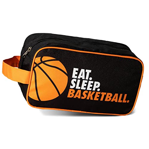 ChalkTalkSPORTS Basketball Toiletry Bag - Eat Sleep - Black & Orange | Polyester, Center Zipper, Side Handle, 11 x 6 x 5 Inches, Sports Camp Bag, Pencil Case, Dopp Kit, Basketball Gift - color: Eat Sleep Basketball