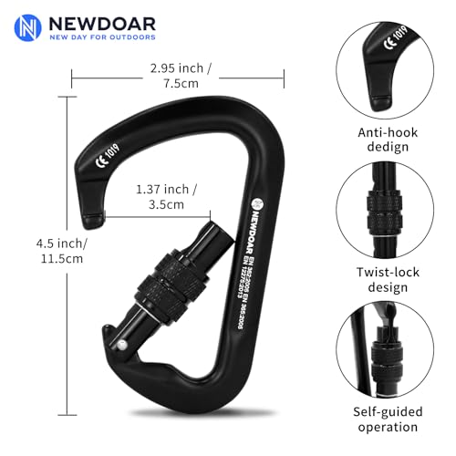 NewDoar CE Certified 30kN-6744lbs Climbing Carabiner Professional, Heavy Duty D Screwgate Clip, for Climbing,Rappelling,Hunting, Rescue - color: Screwgate/Black/2pcs