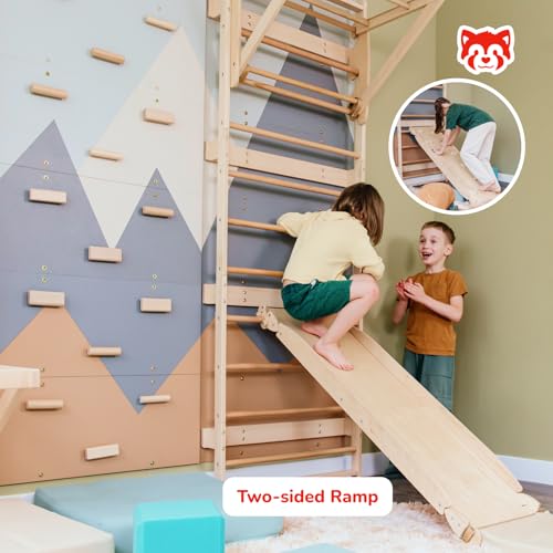 Wood And Hearts 5in1 Modular Swedish Wall Gym Set for Kids Indoor Active Play – Swedish Ladder with Adjustable Pull-Up Bar, Rock Climbing & Indoor Slide (Base Set+2-Sided Ramp with Mat+Sit-Up Bar) - style: Base Set + 2-Sided Ramp with Mat + Sit-Up Bar