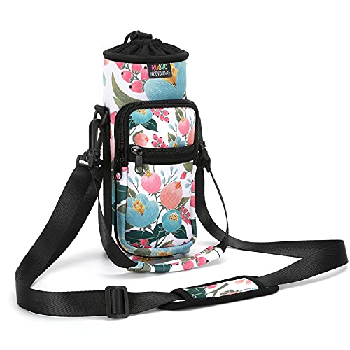 Nuovoware Water Bottle Carrier Bag, 25oz/32oz Bottle Pouch Holder, Adjustable Shoulder Hand Strap 2 Pocket Sling Neoprene Sleeve Sports Accessories for Hiking Travelling Camping, Rosebush pink - color: Rosebush Pink, size: 25-32 Ounces - Standard