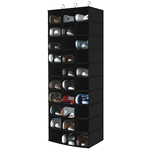 30 Section Hanging Shoe Organizer for Closet, Black | Hanging Closet Organizer and Storage for Wardrobe, Dorm, Bedroom, Space Saving Foldable Clothes Shelf with Sturdy Hooks - color: Black
