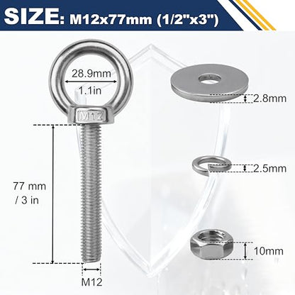 4 Pack M12 Stainless Steel Eye Bolts with Nuts, 1/2" x 3" Eye Bolts | 304 Stainless Steel Eye Bolt,Eye Bolts Heavy Duty for Hang Tie Down Outdoor,1/2 eye bolts with nuts,m12 eye bolts - size: M12x77mm (1/2"x3")