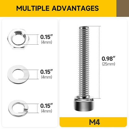 Mywish (100Sets) M4 Screw Kit, M4 x 25mm Socket Head Cap Screws Bolts, 304 Stainless Steel Allen Socket Hex Drive Bolts, Bright Finish M4 Screws with Nuts and Washers & Hex Spanner - size: M4 x 25mm