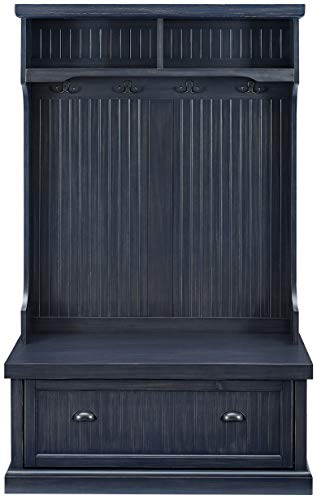 Crosley Furniture Seaside Hall Tree with Shoe Rack Bench and Coat Hooks for Hanging Storage, Distressed Navy - color: Distressed Navy, style: Hall Tree