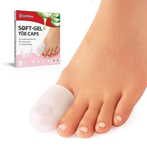 Bukihome Gel Big Toe Caps and Protectors - 8 Pack Silicone Toe Protectors with Aloe Vera Extract - Toe Sleeves Cushions for Women & Men - Protect Corns, Blister - Large - color: Clear, size: Large