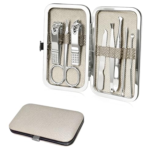 Travel Nail Kit – Manicure Set with Fingernail & Toenail Clippers, Stainless Steel Nail Tools in Travel Case, Portable Grooming Essentials for Men & Women (Beige) - color: Beige