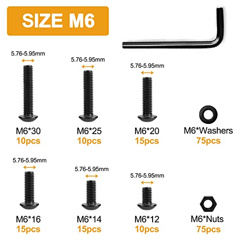 VIGRUE 225PCS M6 x 12/14/16/20/25/30mm Button Head Hex Socket Cap Screws Bolts Nuts Washer Assortment Kit, 10.9 Grade Alloy Steel Black Oxide, Fully Threaded - size: m6 button black 12-30mm
