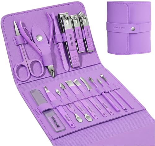 16pcs Stainless Steel Nail Care Tools Grooming Kit | Nail Clipper Set,Manicure and Pedicure kit,Luxurious Travel Case nail clippers Thick Nails Men Women Gift