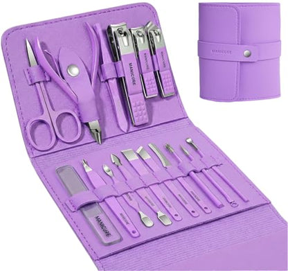 16pcs Stainless Steel Nail Care Tools Grooming Kit | Nail Clipper Set,Manicure and Pedicure kit,Luxurious Travel Case nail clippers Thick Nails Men Women Gift