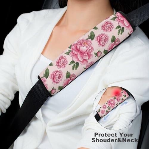 2PCS Floral Peony Pink Flower Green Leaves Seat Belt Cover Soft Padded Neck Strap Covers for Kids, All Vehicles, Comfortable Driving - color: Pattern 407