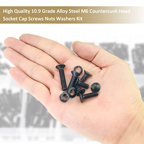 148 Pieces Black M6 x 8/10 /12/16 /20/25 /30mm Countersunk Head Socket Cap Screws Nuts Washers Assortment Kit, 10.9 Grade Alloy Steel - size: M6, style: Countersunk Head