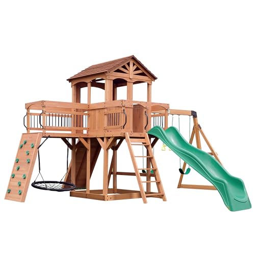 Backyard Discovery Sterling Point Cedar Wood Swing Set with Wave Slide, Raised Clubhouse, Wooden Bridge, Rock Wall, Belt Swings, Web Swing, Trapeze, Balcony, Climbing Wall, Ladder, Outdoor Playset - color: Green Slide, style: Cedar