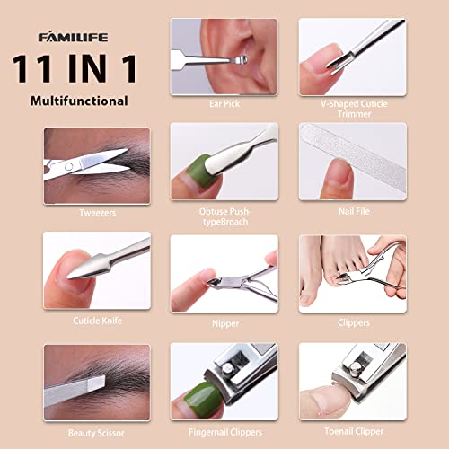 FAMILIFE Gifts for Women, Manicure Set Professional Manicure Kit 11 in 1 Nail Kit Nail Clippers Tools Stainless Steel with Rose Gold Leather Case Travel Sets - color: Gold