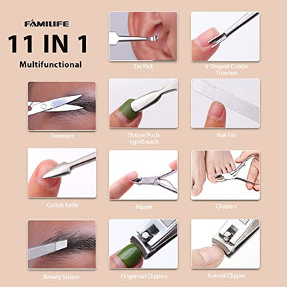 FAMILIFE Gifts for Women, Manicure Set Professional Manicure Kit 11 in 1 Nail Kit Nail Clippers Tools Stainless Steel with Rose Gold Leather Case Travel Sets - color: Gold