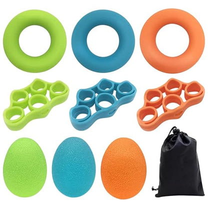 9Pcs Finger Trainer Set, 3pcs 5-finger Stretcher Exerciser/3pcs Hand Exercise Ball /3pcs Hand Grip Strengthener Ring for Grip Strength, Muscle Training, Sports, Rock Climbing