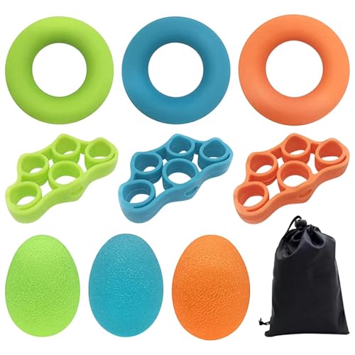 9Pcs Finger Trainer Set, 3pcs 5-finger Stretcher Exerciser/3pcs Hand Exercise Ball /3pcs Hand Grip Strengthener Ring for Grip Strength, Muscle Training, Sports, Rock Climbing