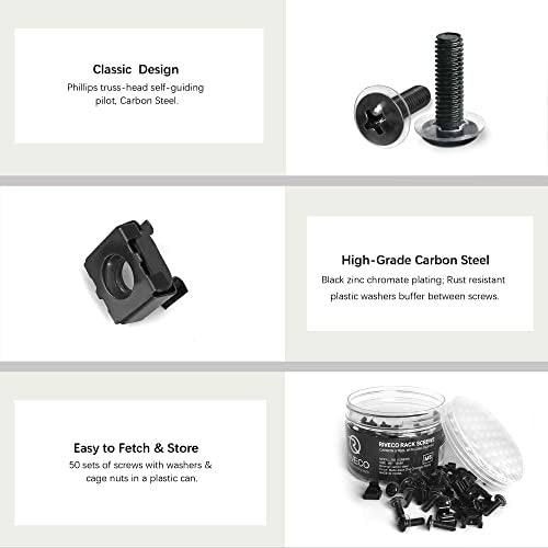 RIVECO M5 Rack Screws & Cage Nuts for Server Cabinets & Racks Mounting Network Equipment Clip Nuts 50 Sets Black - size: M5 Screws + Cage Nuts (50 Sets)