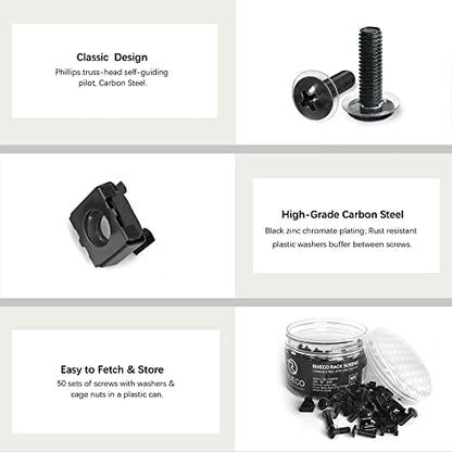 RIVECO M5 Rack Screws & Cage Nuts for Server Cabinets & Racks Mounting Network Equipment Clip Nuts 50 Sets Black - size: M5 Screws + Cage Nuts (50 Sets)