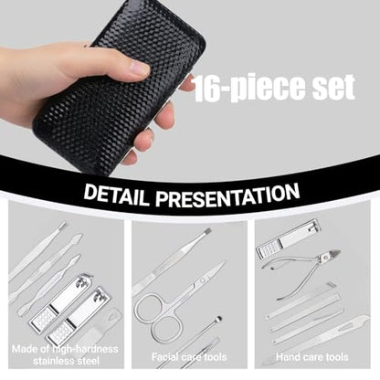 Grooming Kit Home and Travel-Manicure Set 16, Nail Clipper Set, Portable Nail Kit, Travel Nails Kits(Black) - color: Black, size: 16 Piece Set