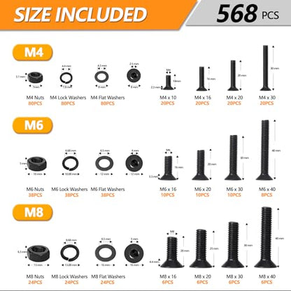 568 pcs M4/M6/M8 Hex Socket Flat Head Screw Bolts and Nuts Kit, 10.9 Grade Alloy Steel Metric Thread Hexagon Allen Machine Bolt, Black Screws Assortment Kit，A Black Hex Flat Head Cap Bolts - style: Flat Head Socket Cap - Kits