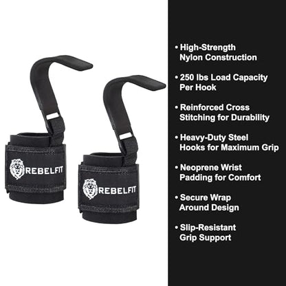 Heavy Duty Lifting Hooks (Pair) for Weightlifting – Wrist Support Straps with Metal Hooks, Padded Neoprene Gym Straps for Deadlifts, Pull Ups, Rows, Powerlifting – Non-Slip Grip Support for Men & Women