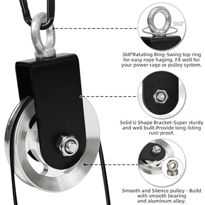 LFJ Aluminum Alloy Cable Pulley with Swing Strap Carabiner, 90mm Pulley Wheel for LAT Pulley System DIY Pull Down Attachment,Ladder Lift,Home Gym Equipment - color: Silver-2Pack
