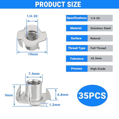 35 Pack 1/4-20 T-Nuts, 304 Stainless Steel 4-Pronged Tee Nut for Wood, Rock Climbing Holds, Cabinetry,Furniture - size: 1/4-20