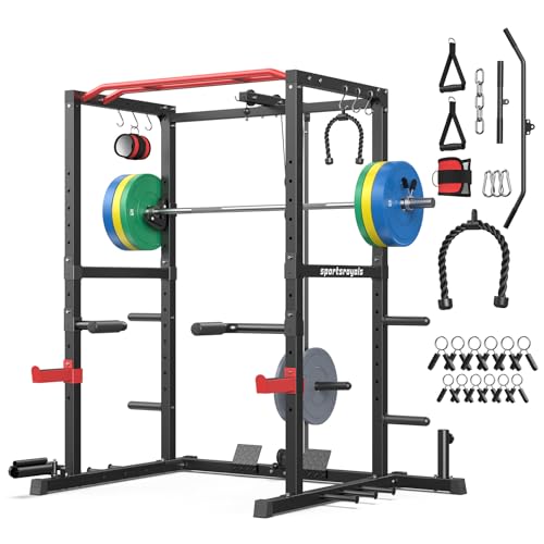 SPORTSROYALS Power Rack, Multi-Functional Power Cage, Squat Rack with Pulley System & LAT Pull Down, Workout Cage with J Hooks for Home Gym - color: Red, style: 230LB Colorful Package