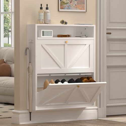 Metal Hidden Shoe Rack, 2 Flip-Down Floating Shoe Storage, Ultra Slim Wall Mounted Steel Shoe Organizer for Small Spaces, Modern Front Door Shoe Storage, Anti-Tip, White - color: White--2 Flip Drawer With Pegboard
