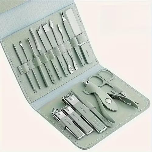 16 Pieces Stainless Steel Manicure Kit, Manicure Set Professional for Women Nail Care Tools, Toenail Scissors Tools with Leather Travel Bag (Gray-Green)