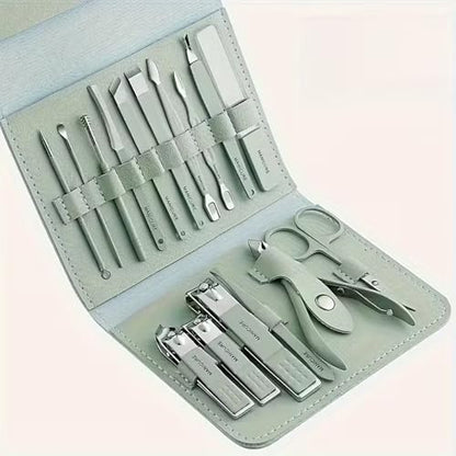 16 Pieces Stainless Steel Manicure Kit, Manicure Set Professional for Women Nail Care Tools, Toenail Scissors Tools with Leather Travel Bag (Gray-Green)