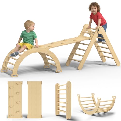 Large Pikler Triangle Set, 7-in-1 Toddler Climbing Toys Indoor, Wooden Montessori Climbing Set with Arch Ramp Ladder, Foldable Baby Jungle Gym Playground (Wood Natural) - color: Nature Wood