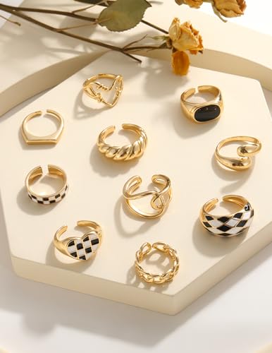 YEEZII Chunky Gold Rings for Women Non Tarnish, 18K Gold Plated Stackable Thumb Ring, Statement Women Rings Set - color: Gold-C