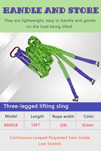 Lifting Slings Straps with Shackles - 10 FT, 6600LB Capacity Polyester Bridle Sling, Heavy Duty Three Leg Rigging Strap for Cranes, Hoists, Trucks, Heavy Equipment Moving (SJ-3Leg-3T)