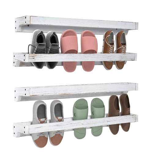 Nisorpa 30 Inch Shabby White Washed Wood Hanging Shoe Rack, Wall Mounted Shoe Rack Storage Organizer Space Saving Footwear Holder for Closet, Mudroom, Entryway, Holds 12 Pairs, Set of 4 - color: White-Washed, size: 30 inch