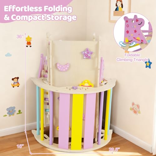Costzon Pikler Triangle Set, 9-in-1 Foldable Baby Climbing Toys, Wood Montessori Climbing Set for Learning and Motor Skills, Indoor Playground Jungle Gym for Toddlers 3+ Climber Gifts (Pink) - style: 9 in 1 Arch Climber Ladder, Pink
