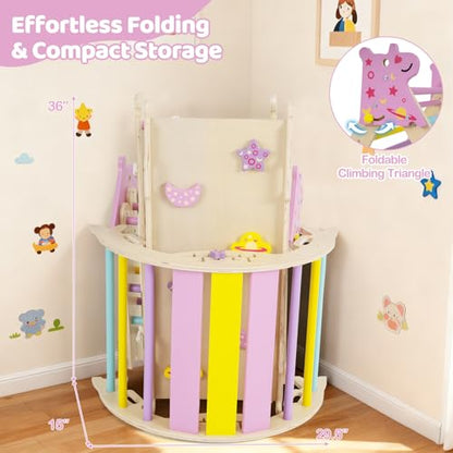 Costzon Pikler Triangle Set, 9-in-1 Foldable Baby Climbing Toys, Wood Montessori Climbing Set for Learning and Motor Skills, Indoor Playground Jungle Gym for Toddlers 3+ Climber Gifts (Pink) - style: 9 in 1 Arch Climber Ladder, Pink