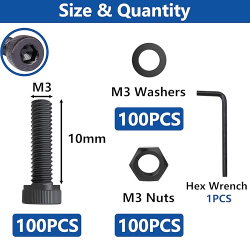 300PCS M3 x 10mm Hex Socket Head Cap Screws with Nuts and Washers, 12.9 Grade Alloy Steel M3 Bolts with Hex Wrench - size: M3 x 10mm, style: Socket Head