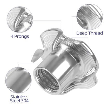 M5 T-Nuts 304 Stainless Steel, 4-Pronged Tee Nut for Wood, Rock Climbing Holds, Furniture, 50 PCS - color: 304 Stainless Steel, size: M5