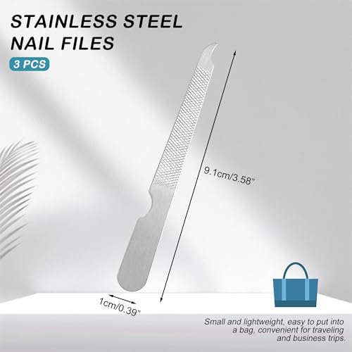 BlingKingdom 3 PCS Stainless Steel Nail File Metal Double Sided Nail File with Curved Sharp Pointed for Salon and Home Manicure Files (Silver)