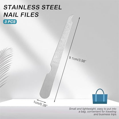 BlingKingdom 3 PCS Stainless Steel Nail File Metal Double Sided Nail File with Curved Sharp Pointed for Salon and Home Manicure Files (Silver)