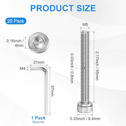 M METERXITY 20-Pack M5 x 55mm Socket Head Cap Screws, 304 Stainless Steel Hex Machine Bolts, Allen Socket Drive Screw with Hex Wrench for Repair/DIY, Fully Threaded Fasteners Kit [Silver] - size: M5 x 55mm