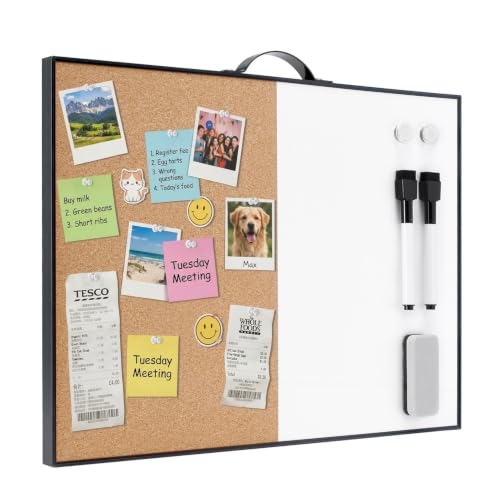 TSJ OFFICE Small Whiteboard Cork-Board - 12" X 16" Portable Aluminum Black Framed Magnetic Dry Erase Board for Wall, Small Bulletin Cork Board with Holder for Office, Home and School - color: Black- Half Cork & Half Whiteboard, size: 16"W x 12"H