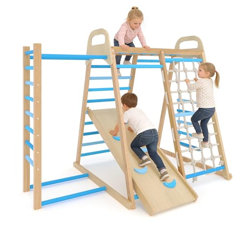 7-in-1 Wooden Jungle Gym, Indoor Kids Climbing Playset for Toddlers - color: Blue