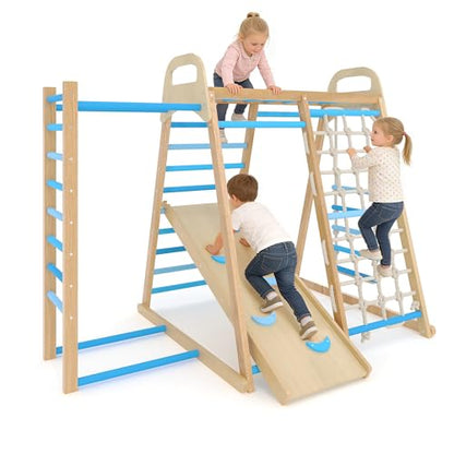 7-in-1 Wooden Jungle Gym, Indoor Kids Climbing Playset for Toddlers - color: Blue