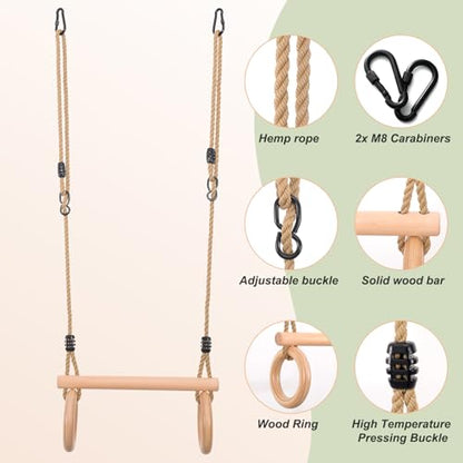 YAERSI Children's Trapeze Swing Bar with Wooden Gym Rings,Trapeze Bar for Swing Set - color: Round